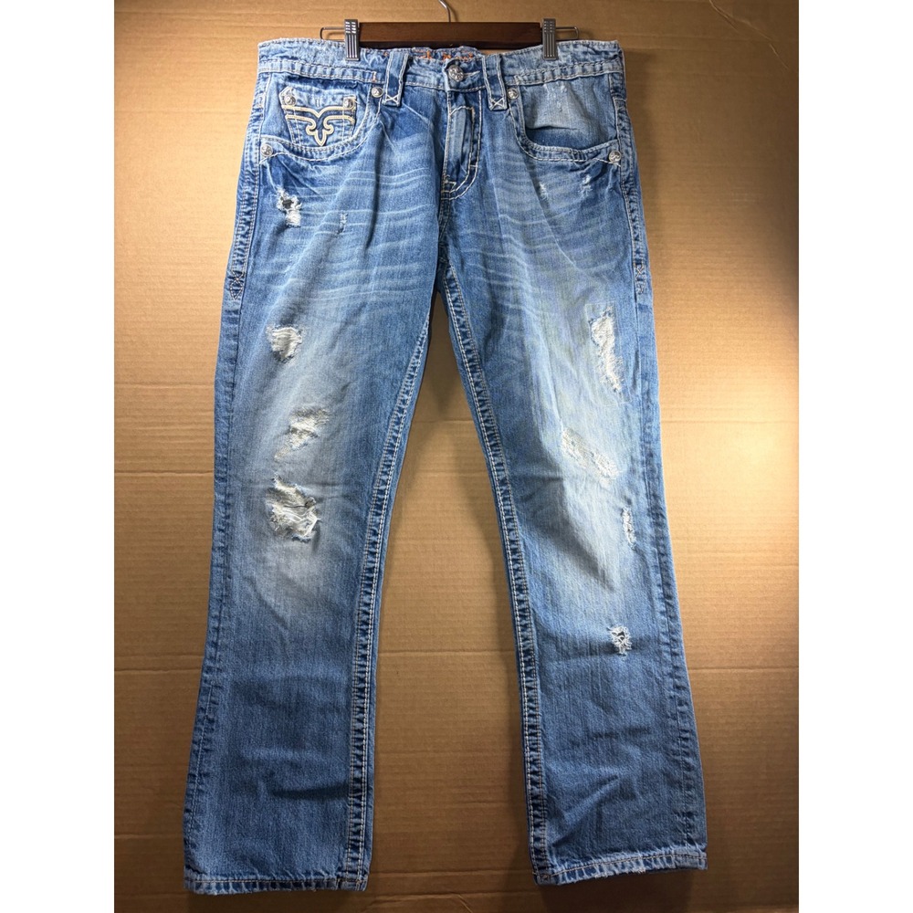 Rock Revival Richie Slim Straight Jeans Mens 34 Blue Distressed‎ Thick Stitch